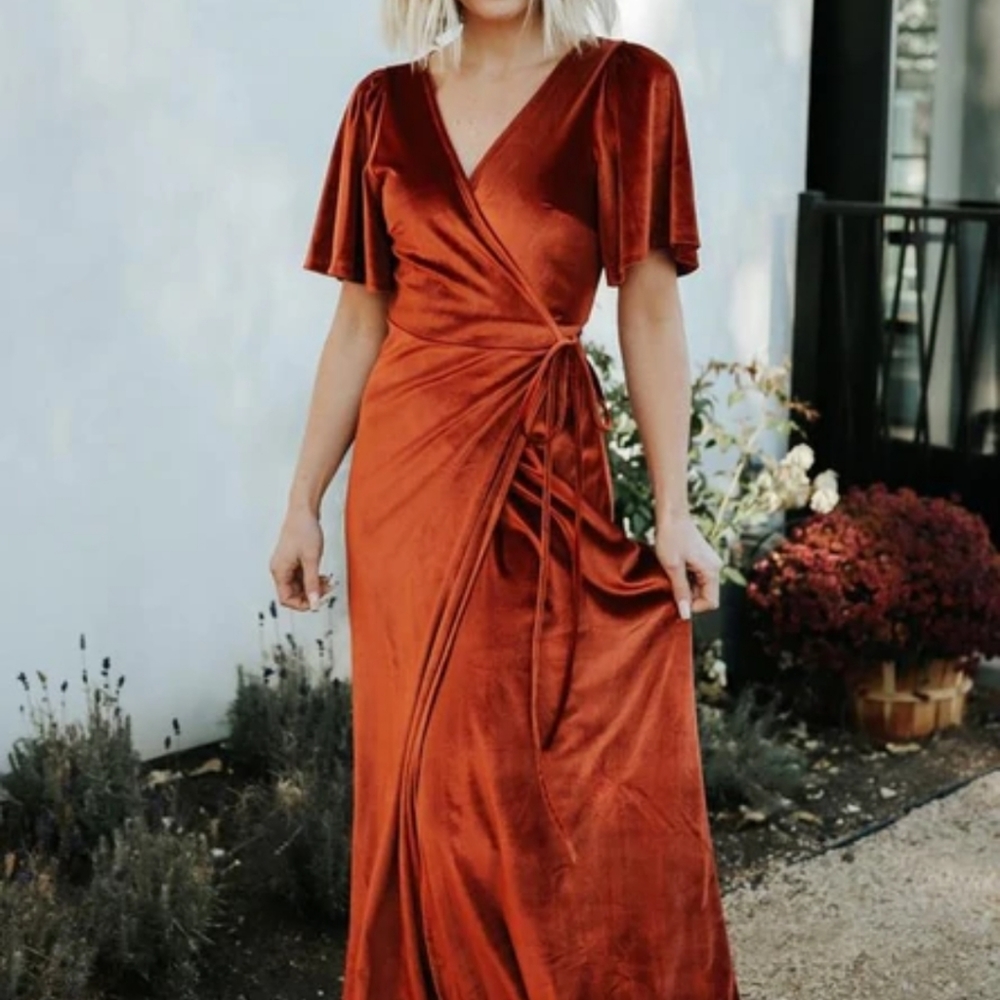 Baltic Born Megan Velvet Wrap Maxi Dress size S Rust color